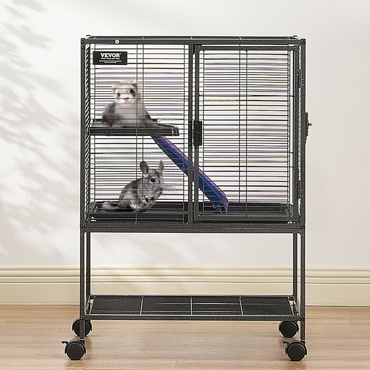 34' Metal Small Animal Cage 2-Tier Rolling Ferret Cage With Tray A Ramp