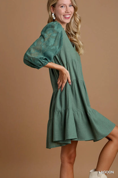 Umgee Floral Contrast Sleeve Tiered Dress