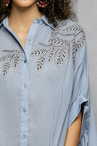 POL Button Down Embroidered Floral High-Low Hem Shirt