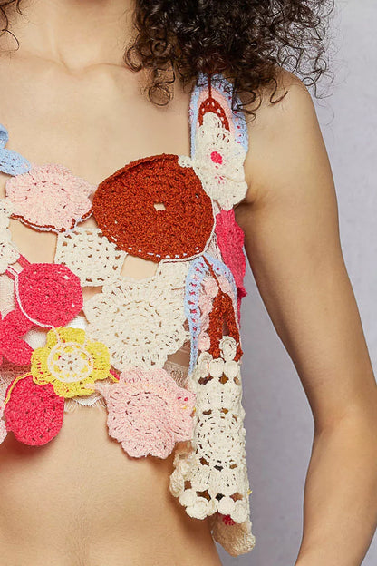 POL Openwork Floral Cropped Crochet Cami