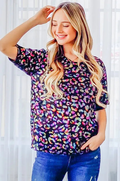 And The Why Leopard Foil Printed Half Sleeve Summer Sweater