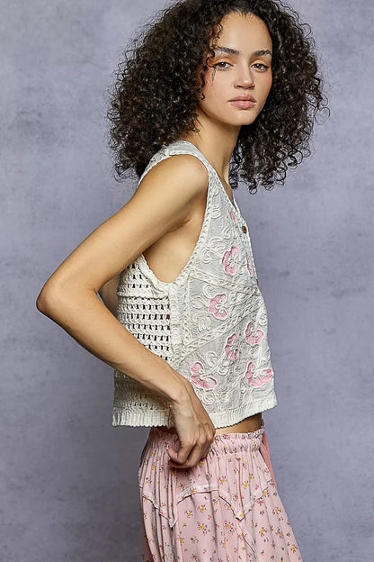 POL Floral Embroidered V-Neck Vest