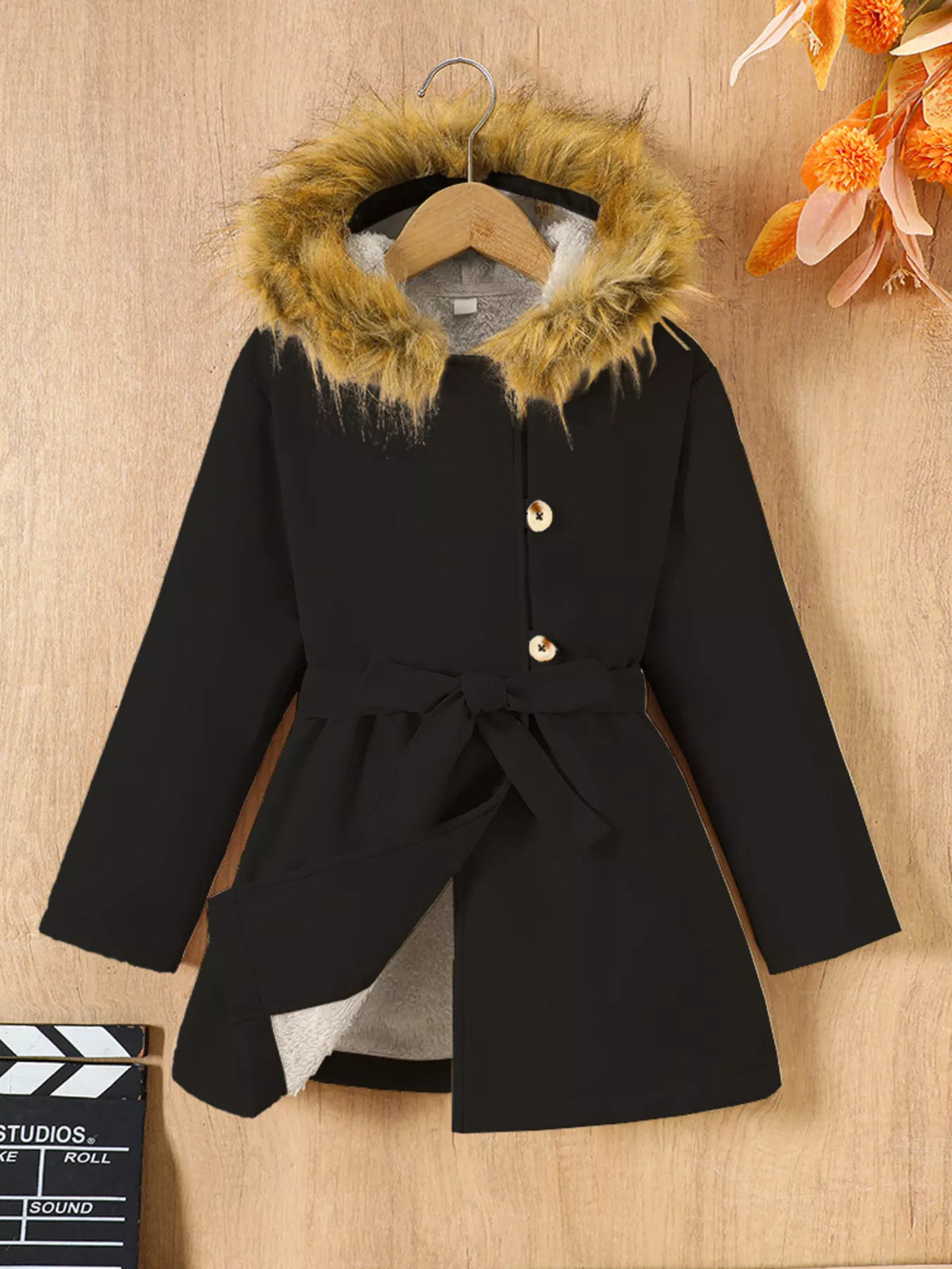 Children's Tie Waist Faux Fur Hooded Outerwear