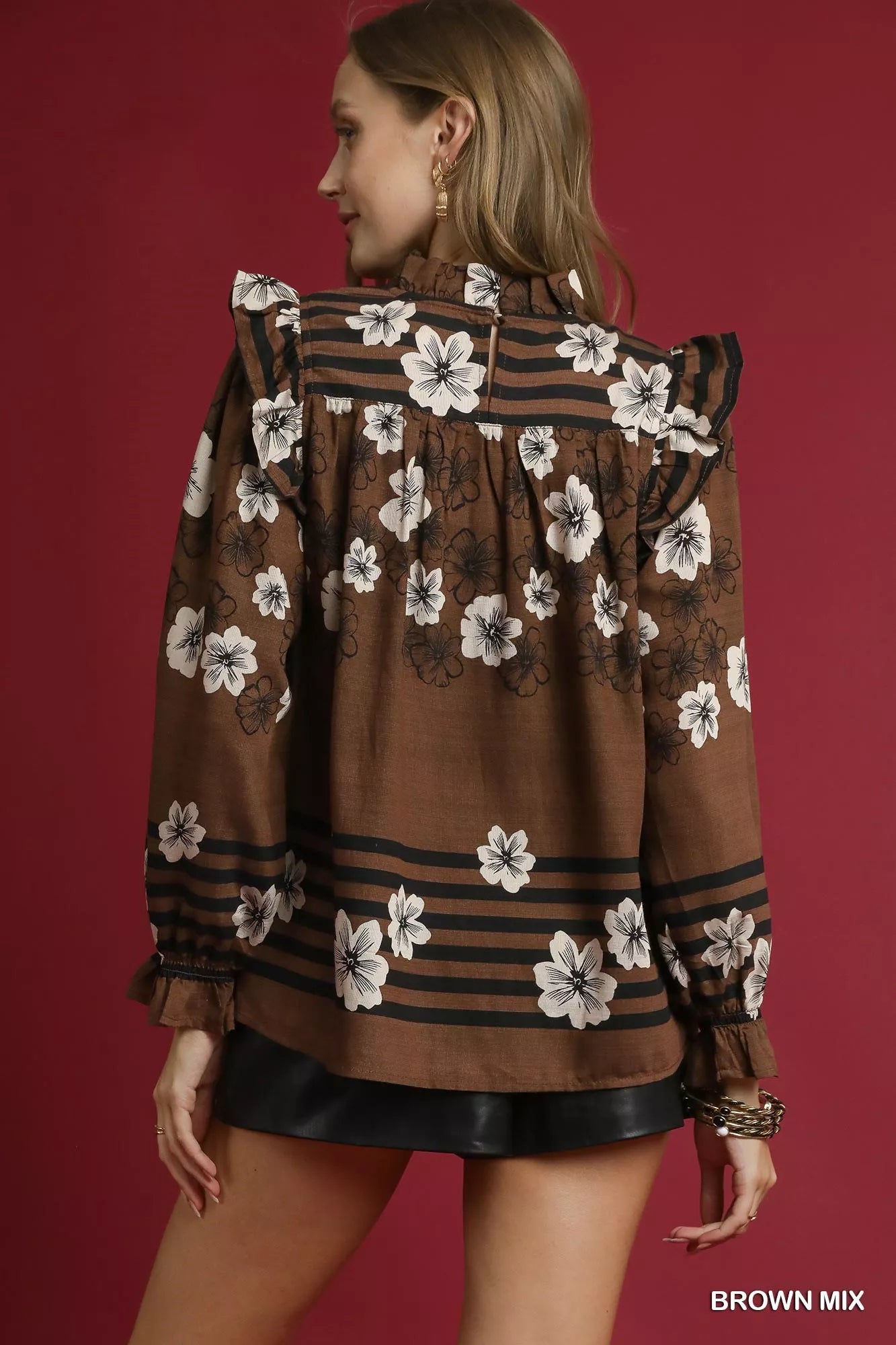Umgee Full Size Mix Floral Smocked Ruffle Blouse Plus Size