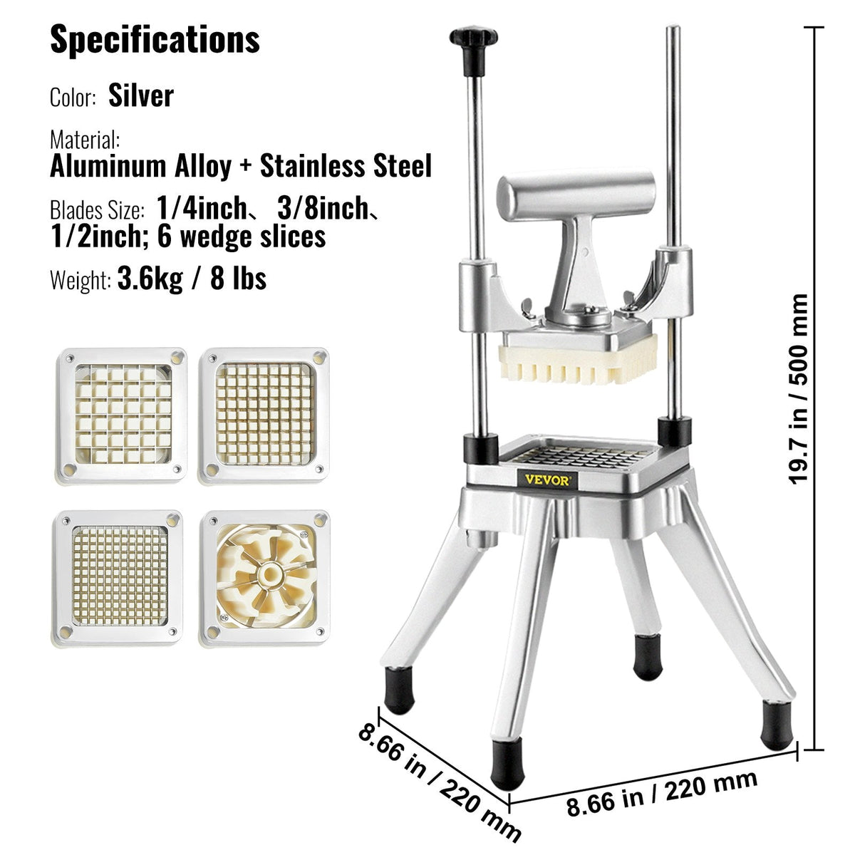 Commercial Vegetable Fruit Chopper, Stainless Steel French Fry Cutter With 4 Blades