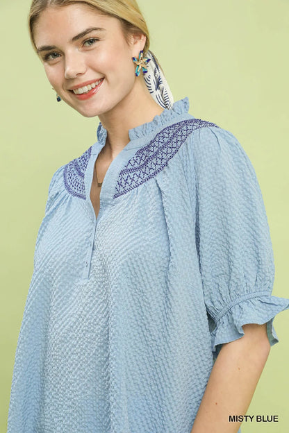 Umgee Textured Henley Blouse with Ruffle Cuffs