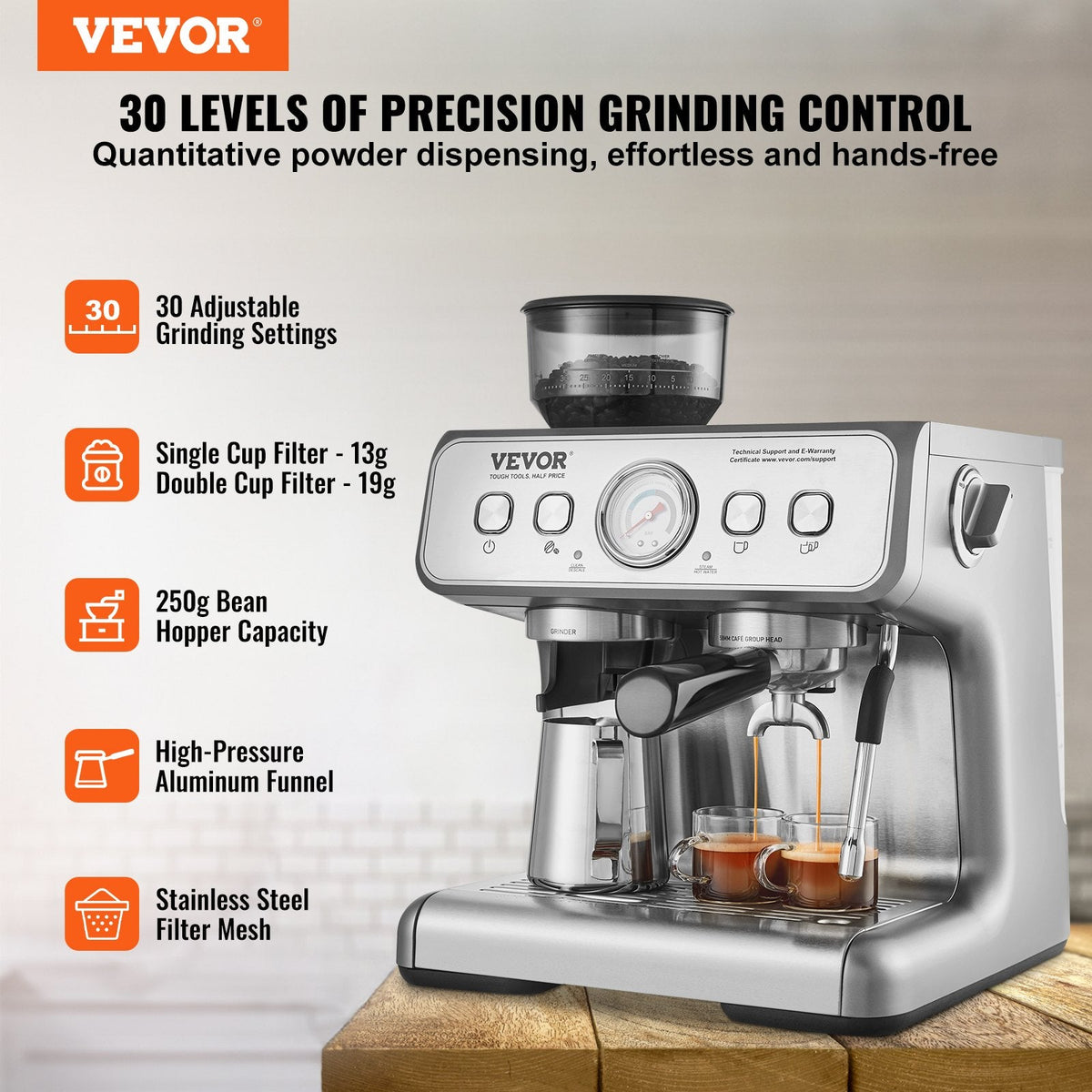 Espresso Machine With Grinder, 15 Bar Semi-Automatic Espresso Coffee Maker With Milk Frother Steam Wand, Removable Water Tank & Pressure Gauge For Cappuccino, Latte, Machiato, PID Control System