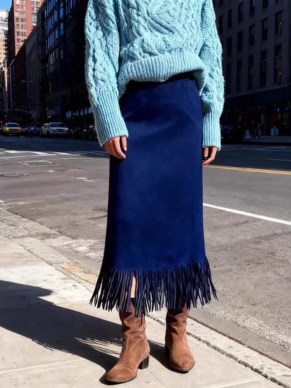 Suede Fringe Midi Skirt