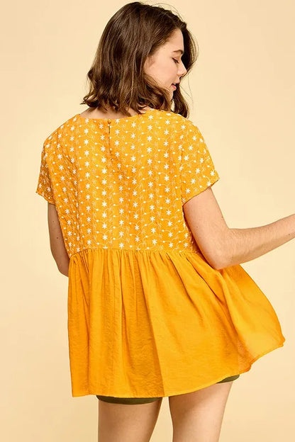 Lime 'N' Chili Embroidered Short Sleeve Pleated Babydoll Top