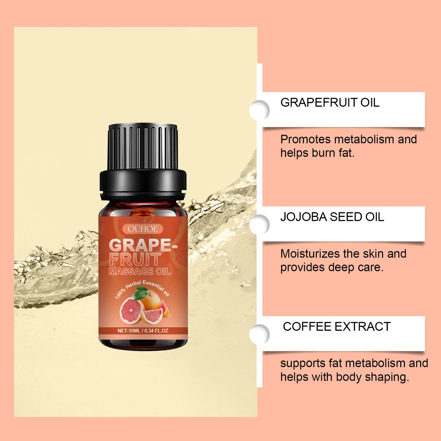 OUHOE Grapefruit Massage Essential Oil, Moisturizing Repair Moisturizing Body Skin Soothing Massage Skin Care Essential Oil