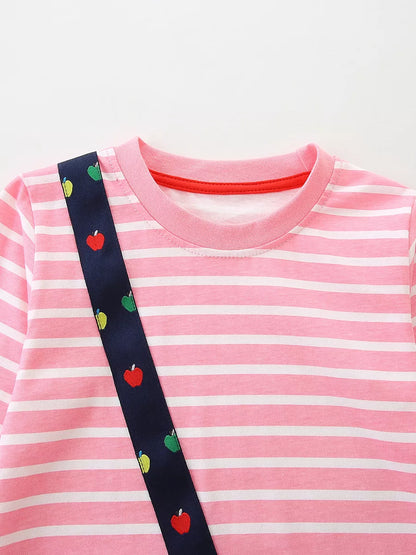 Children's Apple Applique Striped Long Sleeve Dress