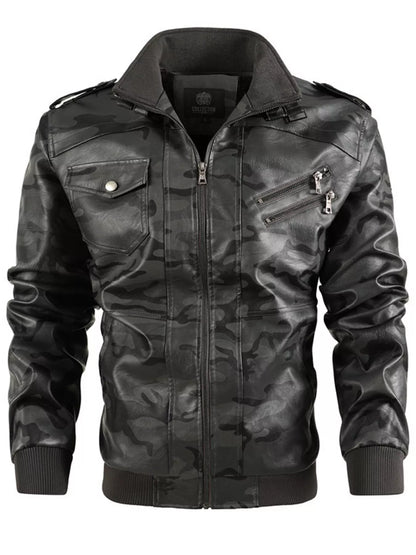 Men's Full Size Zip Up Camouflage Faux Leather Jacket Plus Size