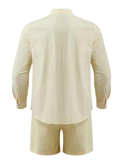 Men's Full Size Button Up Long Sleeve Shirt and Shorts Set Plus Size