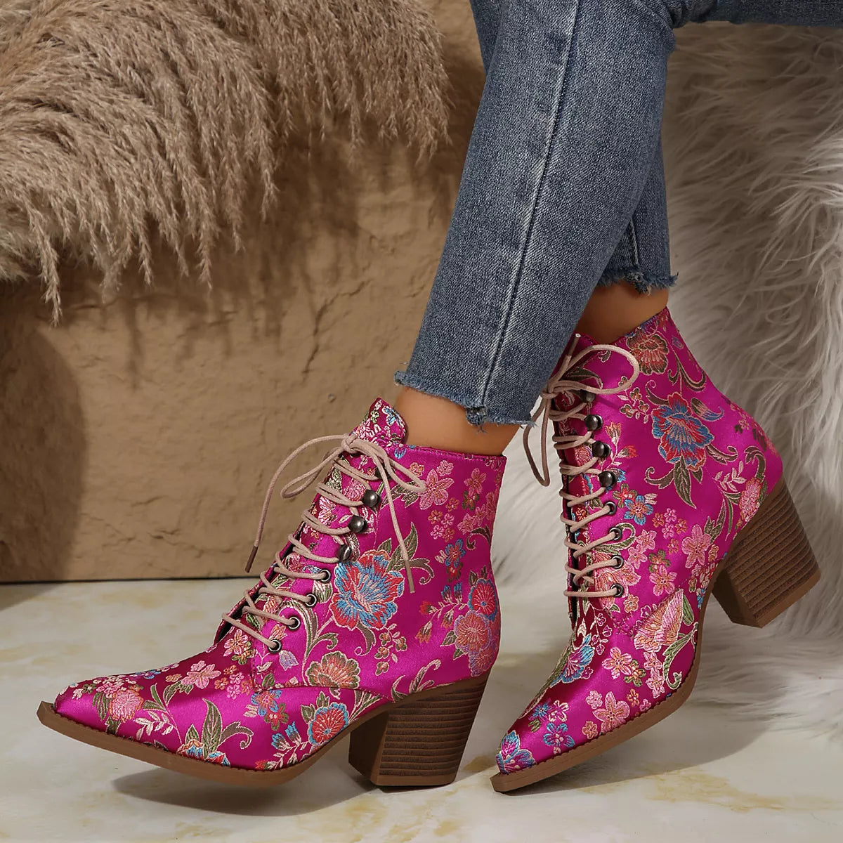 Point Toe Block Heels Boots