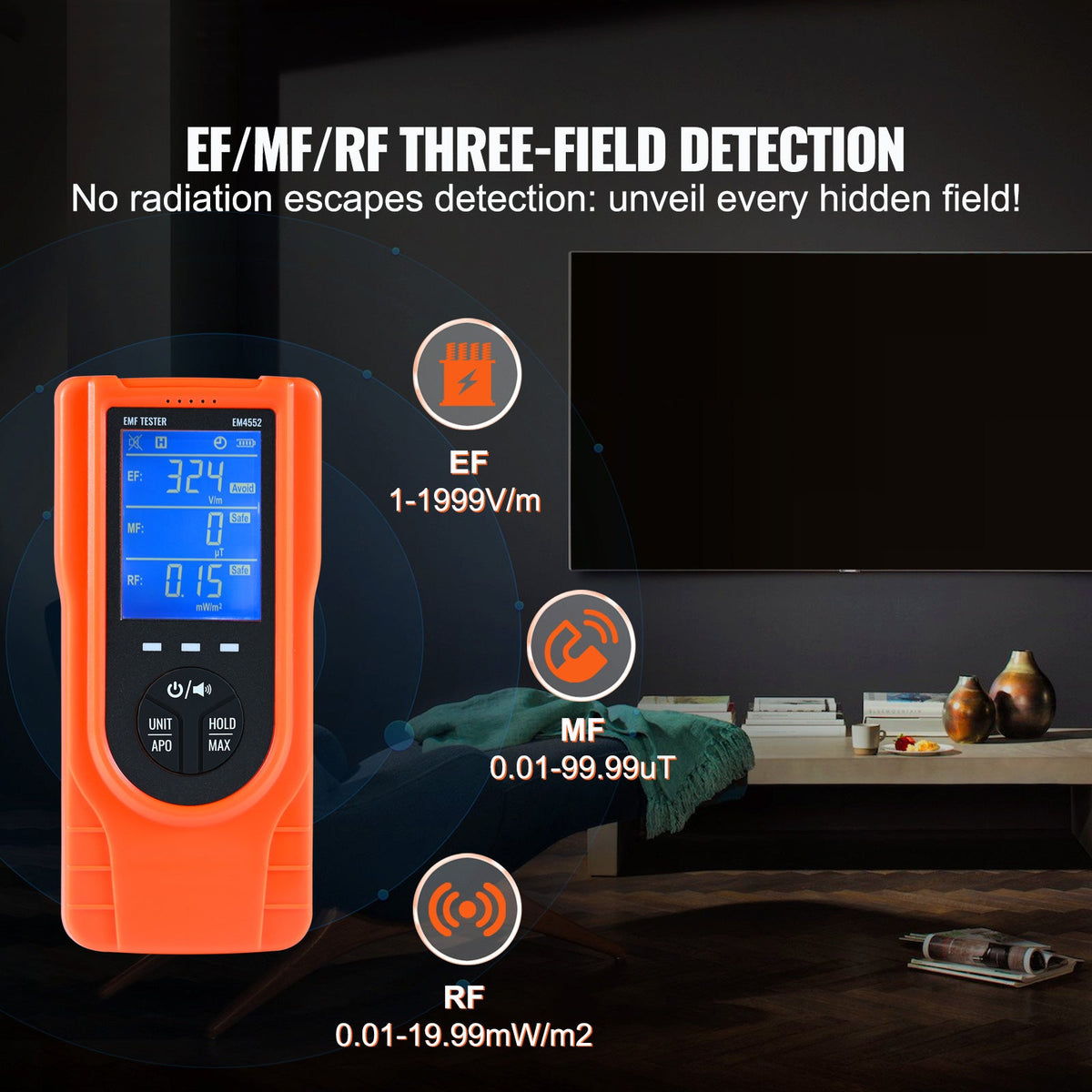 VEVOR  EMF Meter, 5Hz  3.5GHz, Handheld Rechargeable Electromagnetic Field Radiation Detector, Digital LCD EMF Tester For EF MF RF Home Inspections Outdoor Ghost Hunting Paranormal Equipment