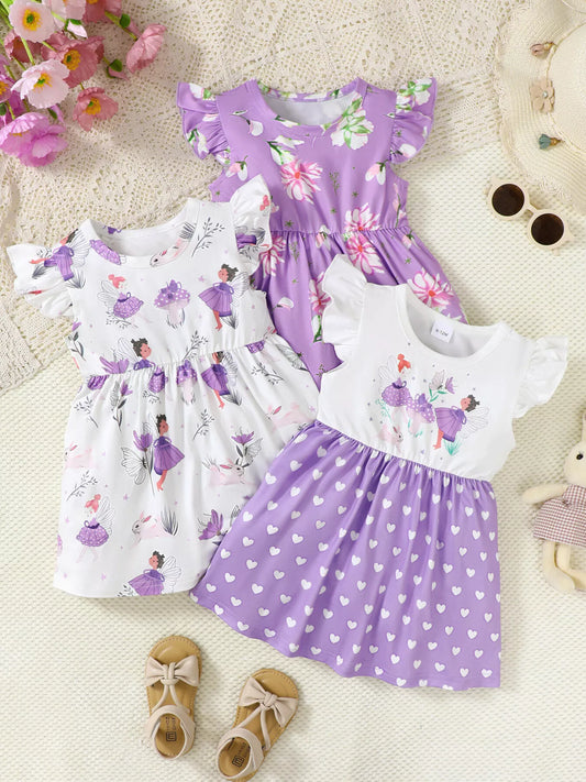 3-Piece Children's Printed Ruffle Sleeve Baby Dress