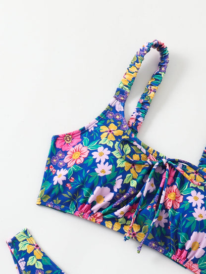 Women's Floral Print Bralette Bikini Set, Ruched Shoulder Straps & Front Tie Top, High Cut Cheeky Bottom 2 Piece Swimsuit