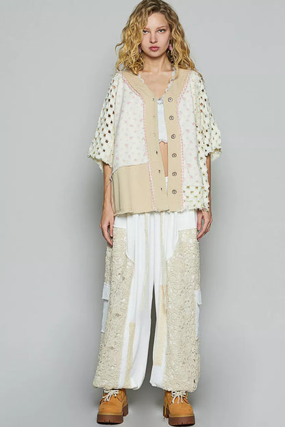 POL Button Down V-Neck Jacket with Printed Woven Patchwork