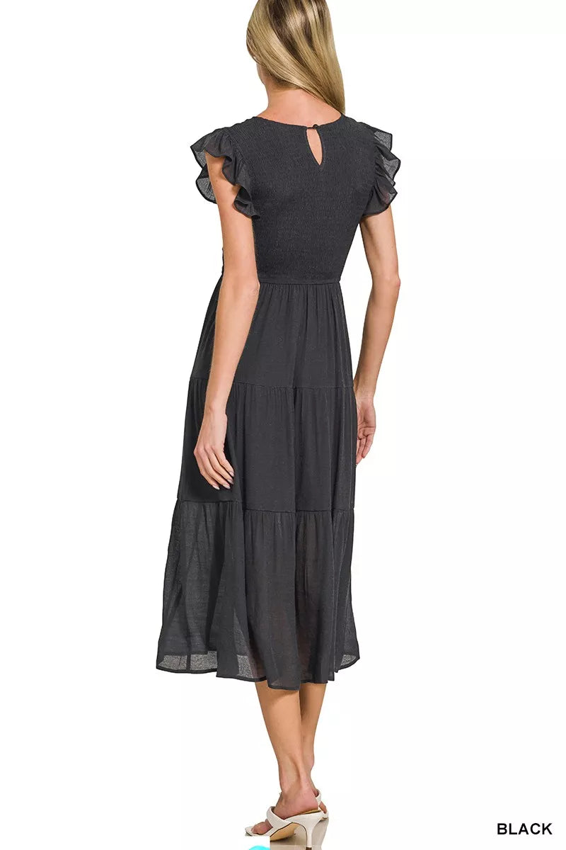 Zenana Woven Smocked Ruffle Sleeve Midi Dress