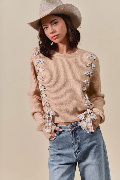 SO ME Checkered Plaid Tape Lace Up Ribbed Sweater