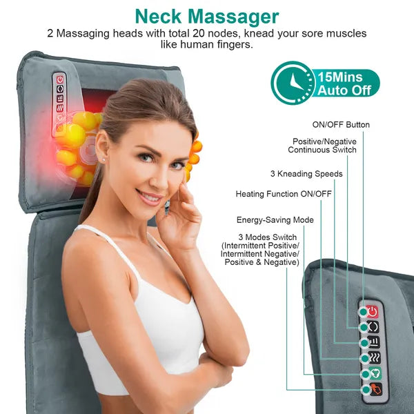 Full Body Massage Mat With Neck Kneading Massager - 10 Targeted Points & 3-Level Lumbar Heating, 9 Vibration Modes&9 Speeds, 20-Node Neck Massage -Heating & 3 Modes, 10-30min Smart Timer, Anti-Slip B