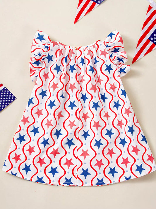 Children's Patriotic Star Print Ruffle Sleeve Dress