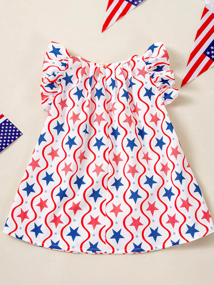 Children's Patriotic Star Print Ruffle Sleeve Dress