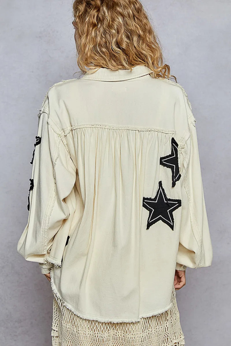 POL Star Patch Raw Hem Button Up Denim Jacket