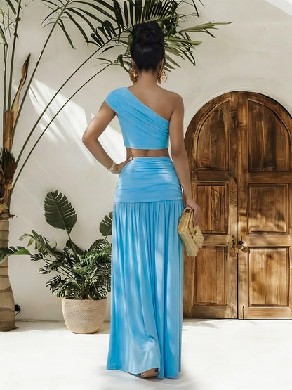One-Shoulder Top and Ruched Maxi Skirt Set