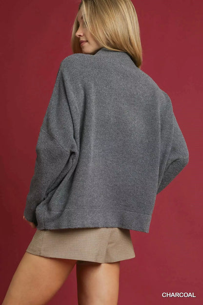 Umgee V-Neck Sweater with Wide Trim Detail