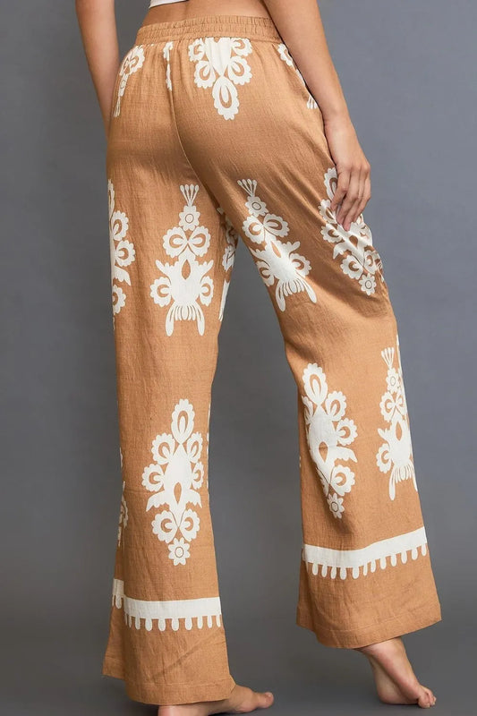 Umgee Full Size Border Print Wide Leg Pants Plus Size