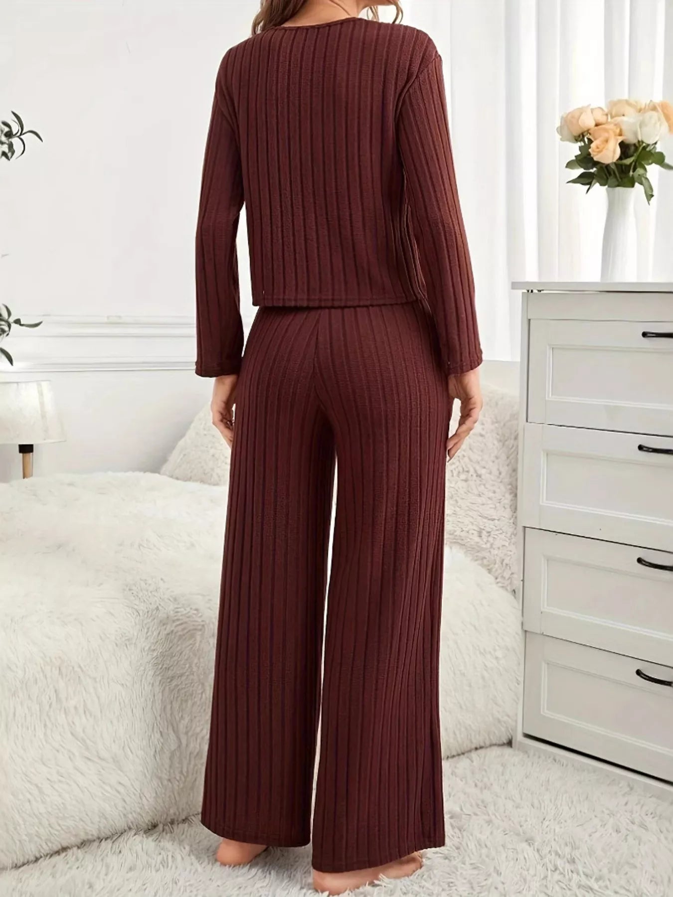 Ribbed Round Neck Long Sleeve Top and Pants Lounge Set