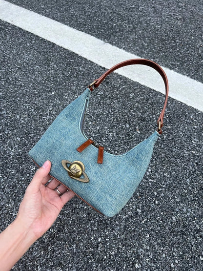 Denim Planet Decor Shoulder Bag