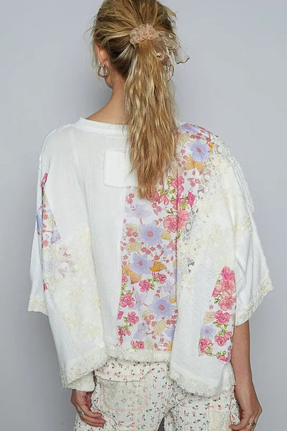 POL Floral Lace Patch Round Neck Double Gauze Top