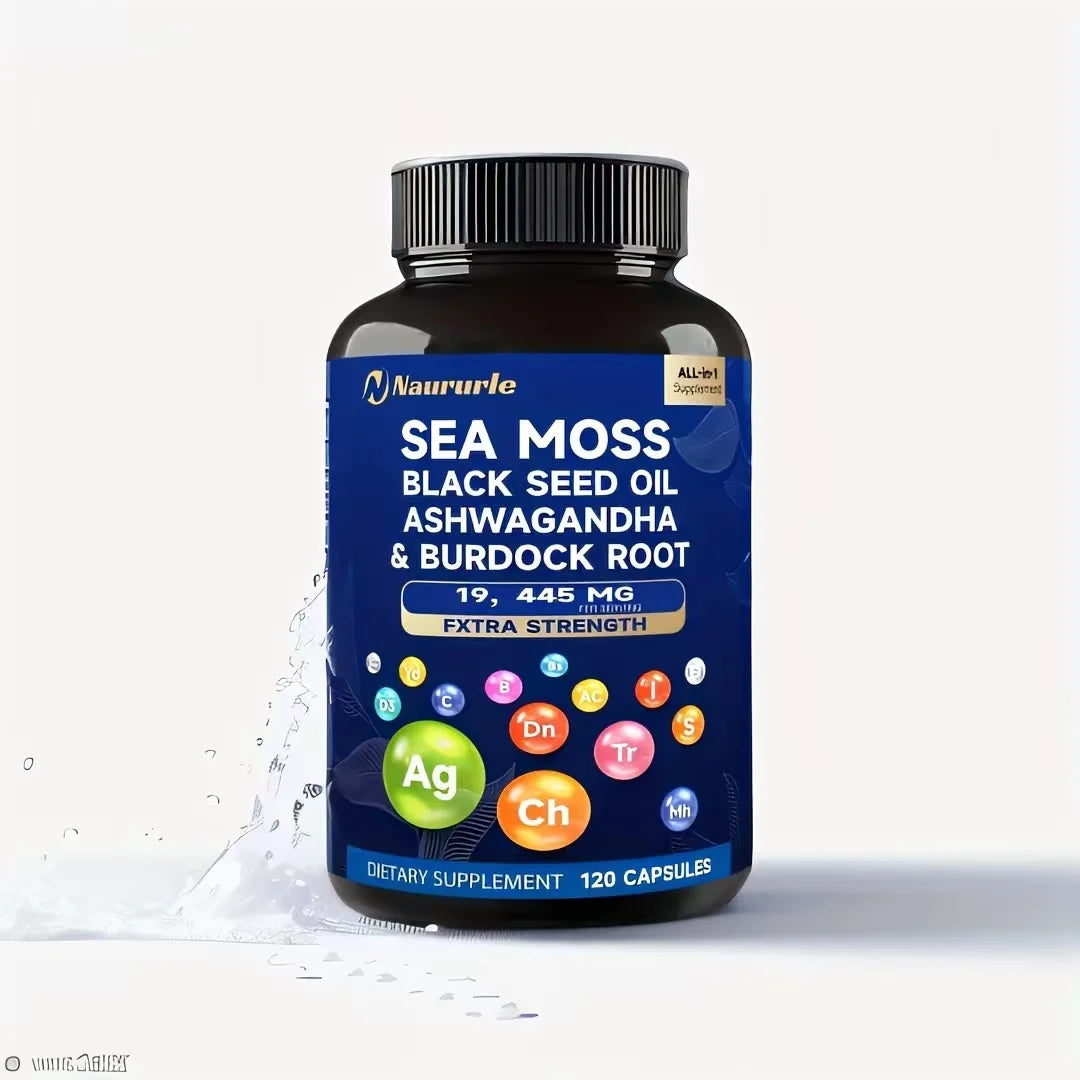 Sea Moss Black Seed Oil Ashwagandha & Burdock Root 19445mg Extra Strength Capsules - All-in-One Superfood Supplement For Immune Support, Energy & Vitality - 120 Capsules