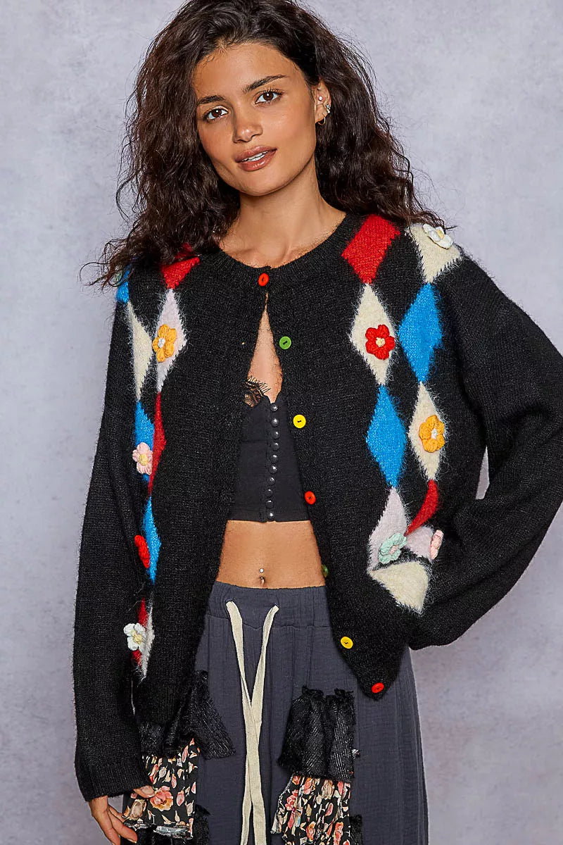 POL Button Down Diamond Pattern Round Neck Cardigan