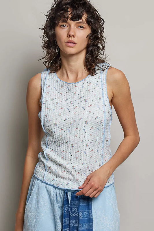 POL Seam detail Floral Round Neck Ribbed Tank