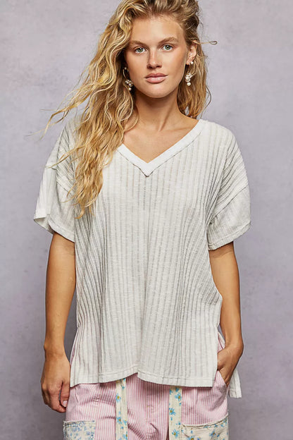 POL Ribbed Knit V-Neck Short Sleeve T-Shirt with Side Slit