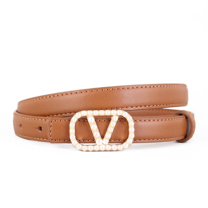 Pearl Buckle Leather Belt