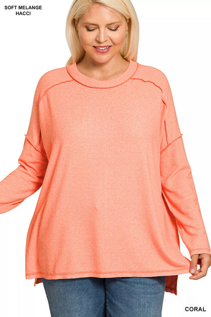 Zenana Full Size Melange Hacci Exposed Seam Hi-low Tee Plus Size