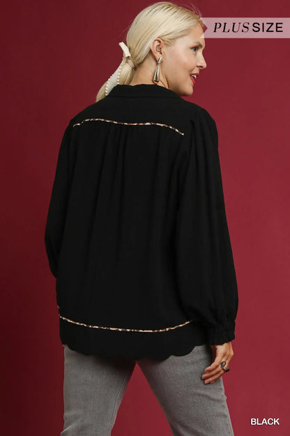 Umgee Full Size Linen Scallop Hem Blouse with Contrast Trim Plus Size