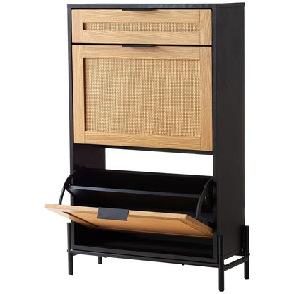 Rattan Shoe Cabinet, Narrow Shoe Storage Organizer With 2 Flip Rattan Drawers & 1 Slide Drawer, Metal Legs, Slim Shoe Entryway Cabinet Ideal For Entryway, Closet, Hallway, Black