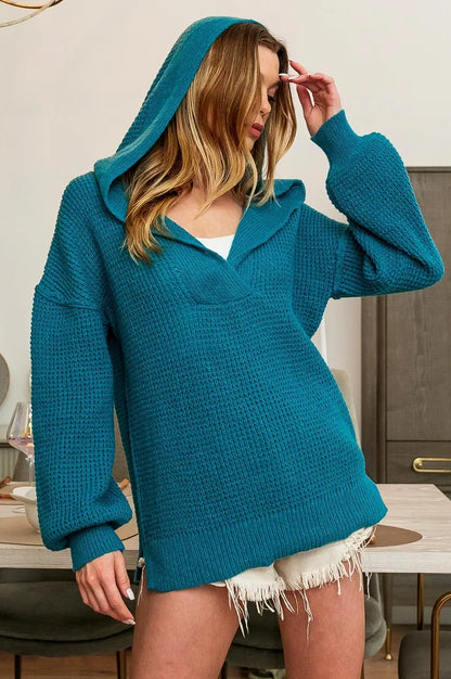 BiBi Raw Edge Detail V-Neck Sweater Hoodie