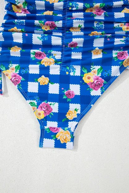 Floral Gingham Halter Neck Drawstring One Piece Swimwear