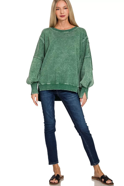 Zenana Acid Washed Batwing Sleeve Fleece Sweatshirt