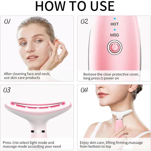 Neck Face Massager, Skin Care Face Massage Tool, 3-in-1 Facial Massager, Face Sculpting Tool With Thermals, Vibration-Pink
