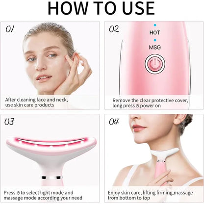 Neck Face Massager, Skin Care Face Massage Tool, 3-in-1 Facial Massager, Face Sculpting Tool With Thermals, Vibration-Pink
