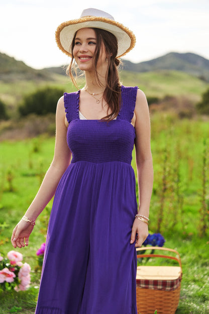 Davi & Dani Smocked Bodice Strap Ruffle Tie Belt Jumpsuit
