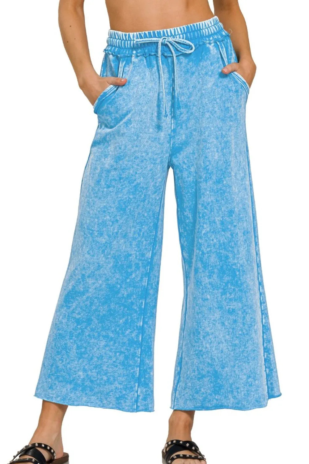 Zenana Washed French Terry Palazzo With Pockets