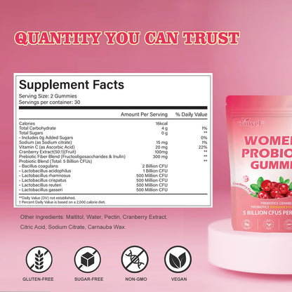 Cranberry Probiotic Gummies for Women pH Balance Body Odor Support Women’s Health Vegan 60 Gummies